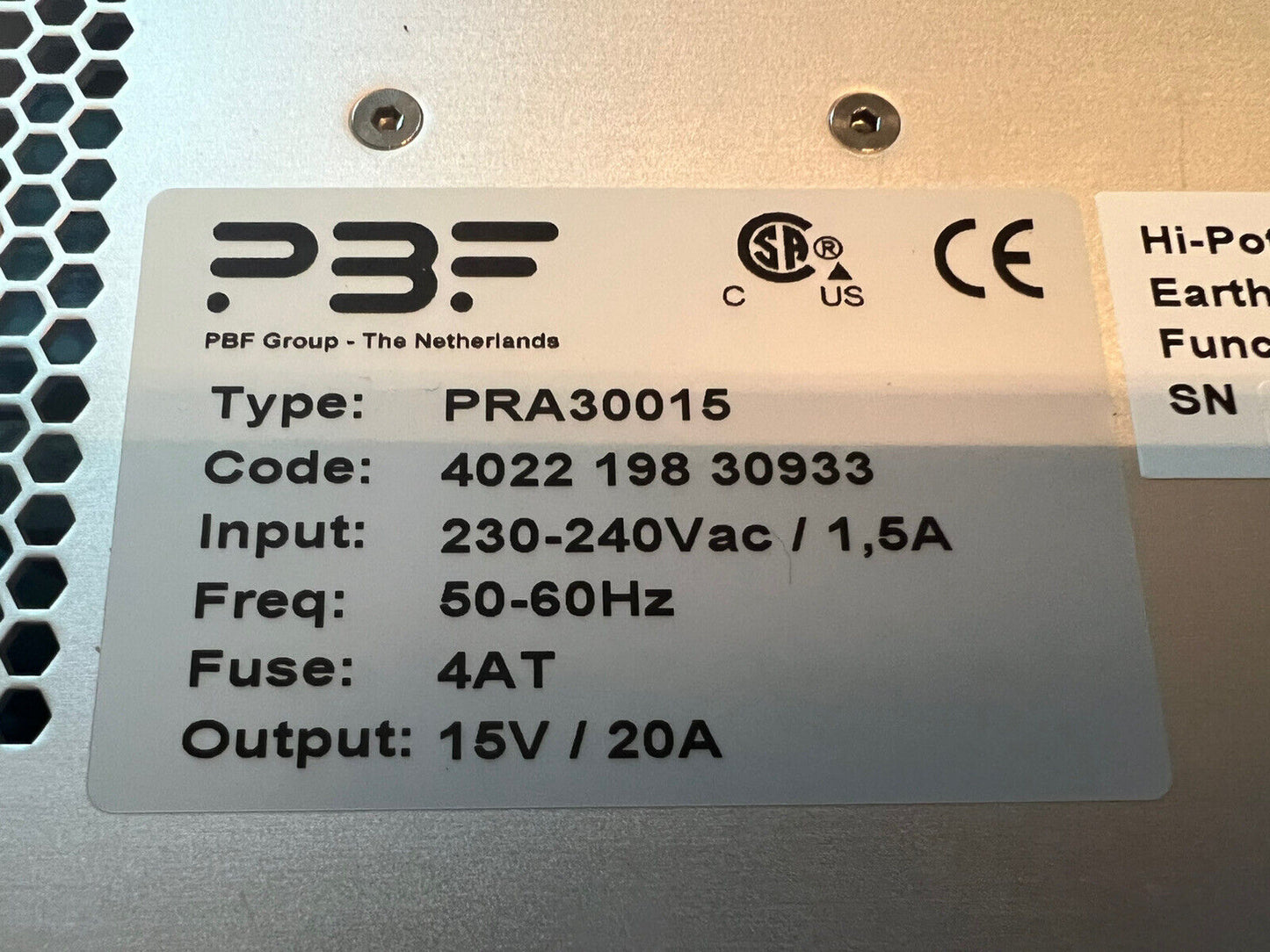 PBF Group PRA30015 AC/DC Power Supply P/N 4022 198 30931, 220VAC/I.4A