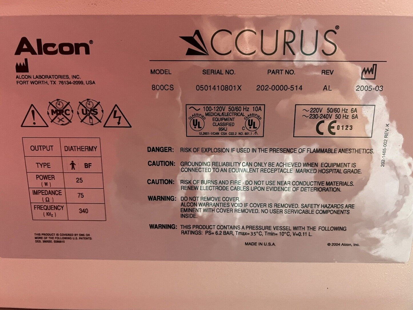 Alcon Accurus 800CS Phacoemulsifier With Foot switch