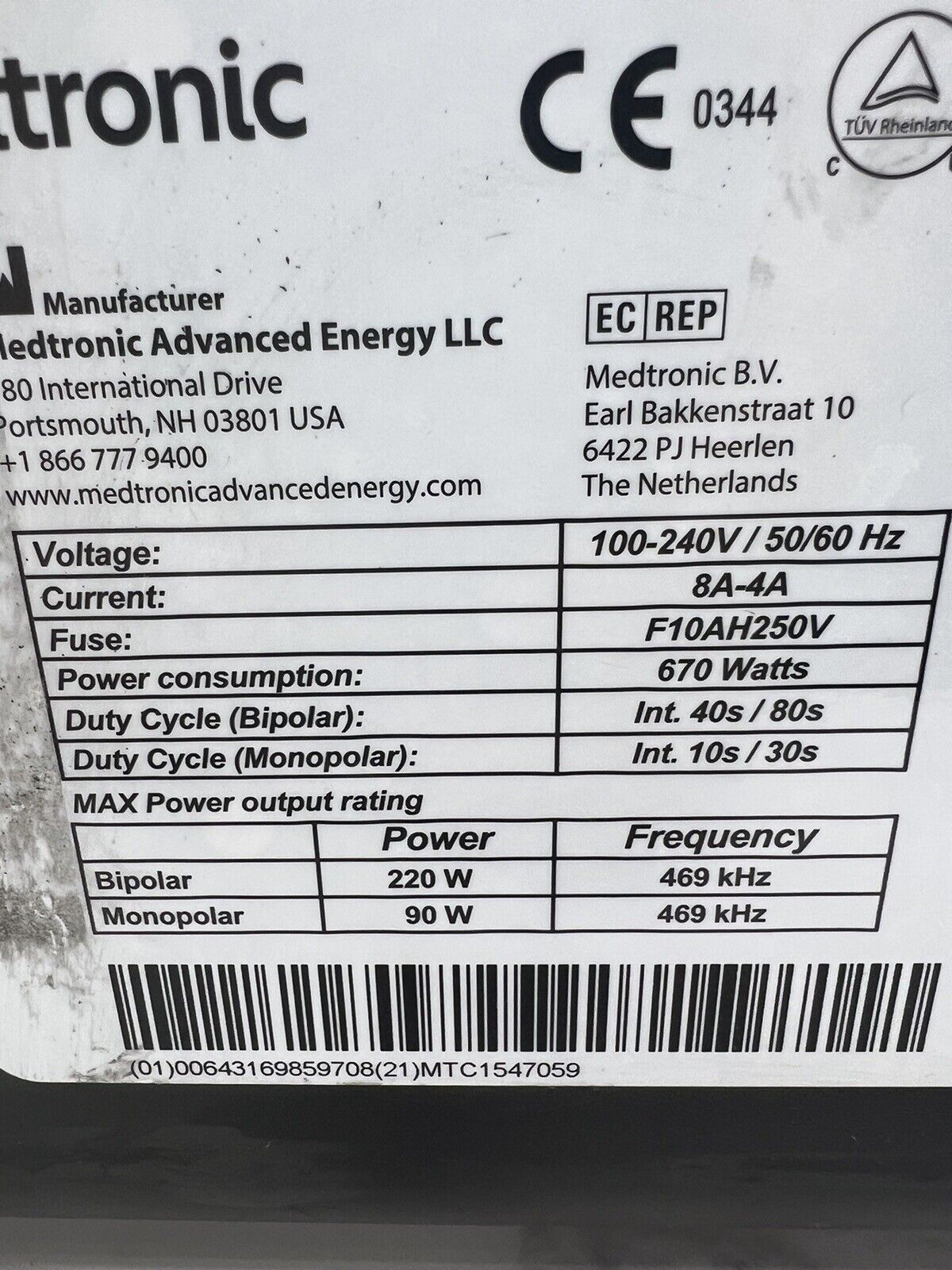 Medtronic AEX Generator 40-405-1 Plasmablade Aquamantys SW V 3.0