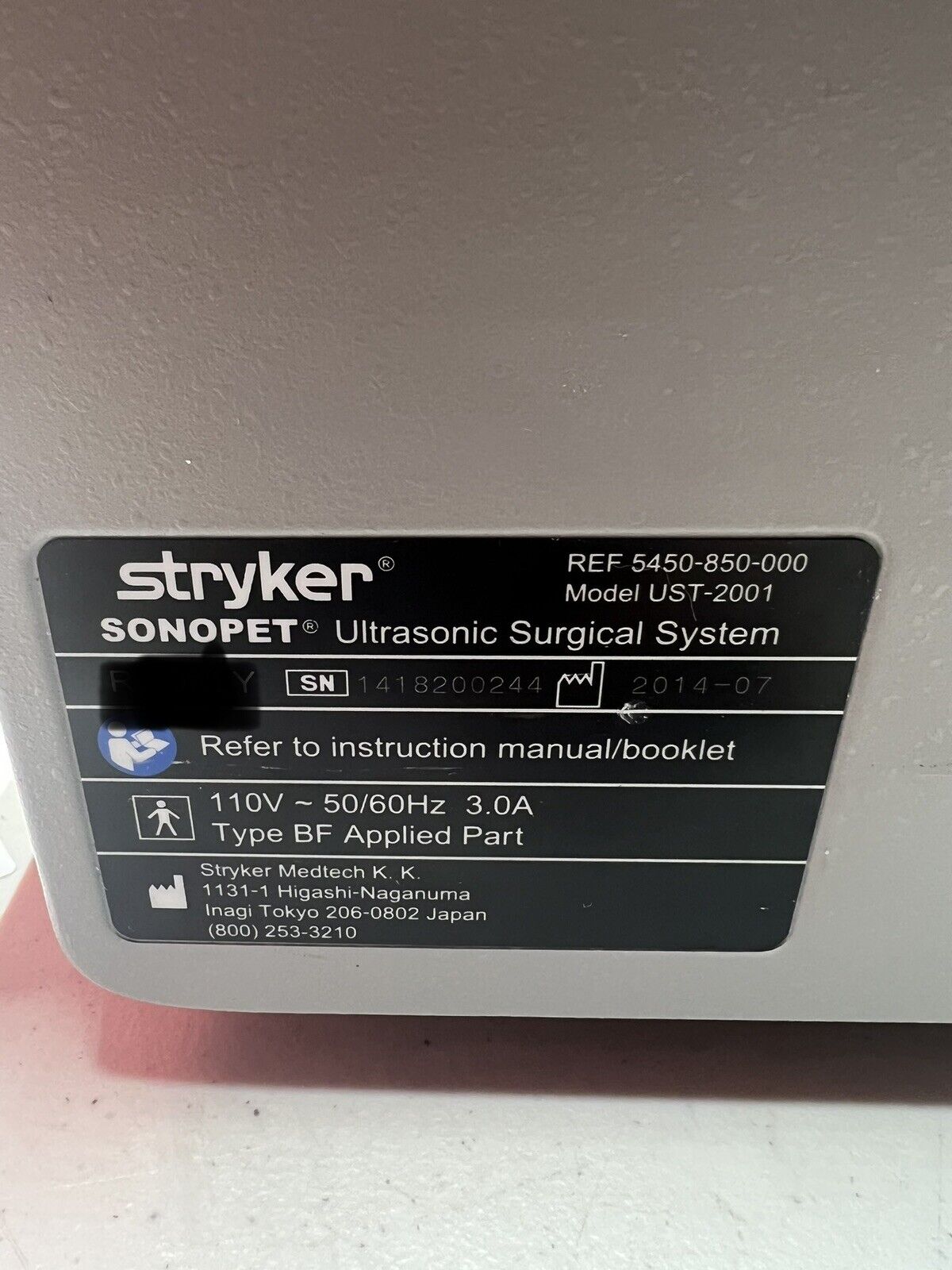 STRYKER SONOPET UST-2001 ULTRASONIC SURGICAL SYSTEM